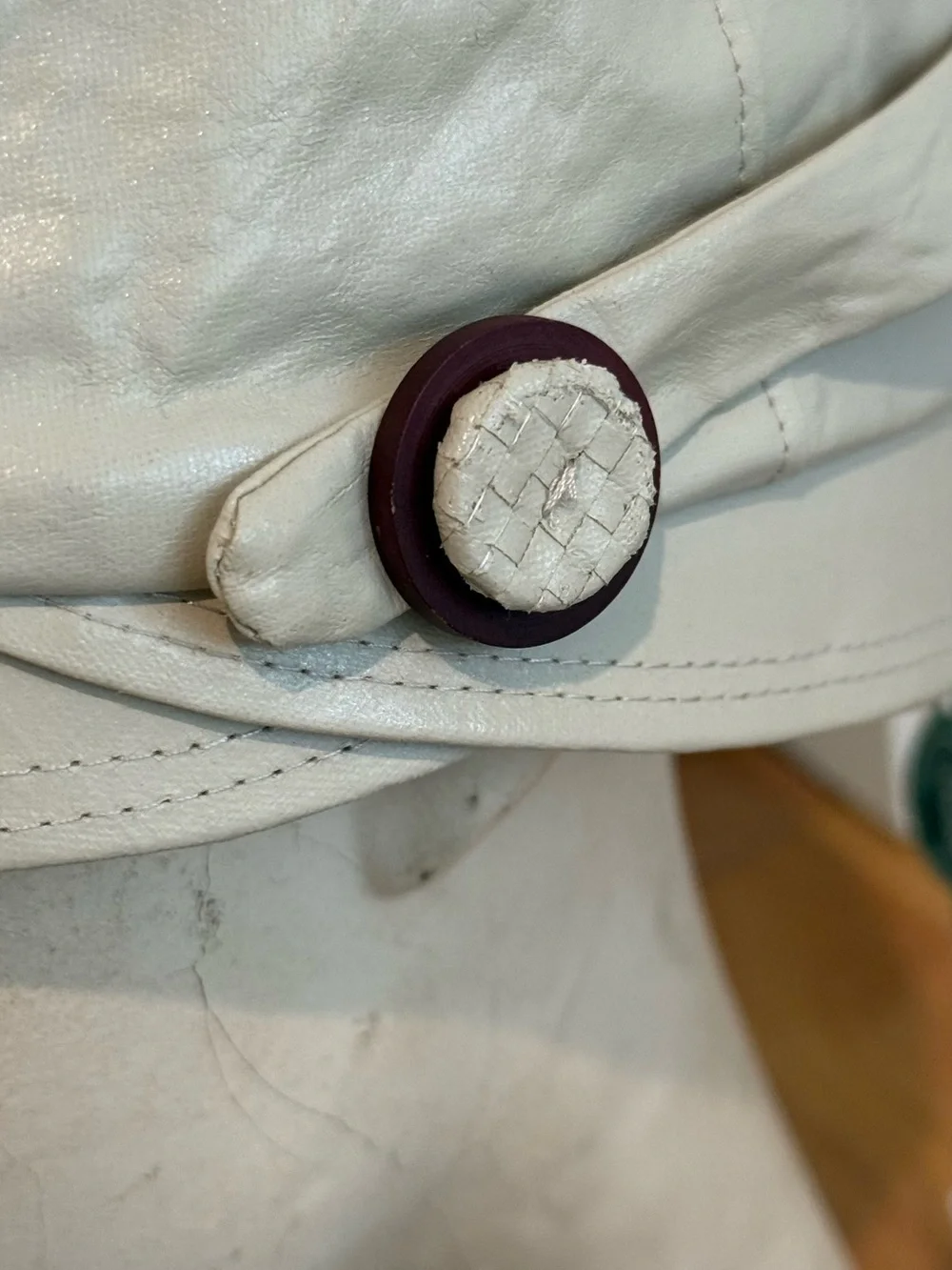 Cream Leather Women's Bucket Hat with Decorative Button